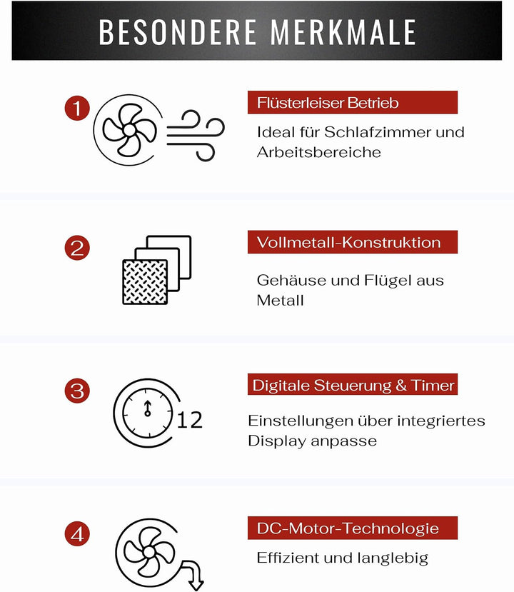 Premium Tischventilator, Ventilator leise aus Metall mit 12 Stufen, Digital-Display, 90° Oszillation
