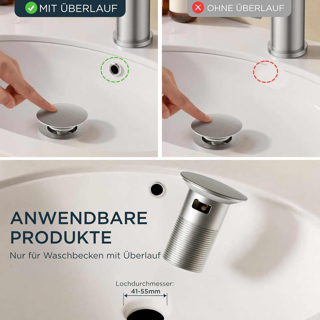 FORIOUS® Wasserhahn Bad mit Ablaufgarnitur, Edelstahl Waschbeckenarmatur mit Auslaufhöhe 85MM, Einhe