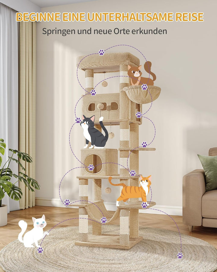 Hzuaneri Kratzbaum gross, 170 cm Hoch, Katzenbaum, mit 8 Kratzbäume, 2 Höhlen, gross Plattformen, Wa