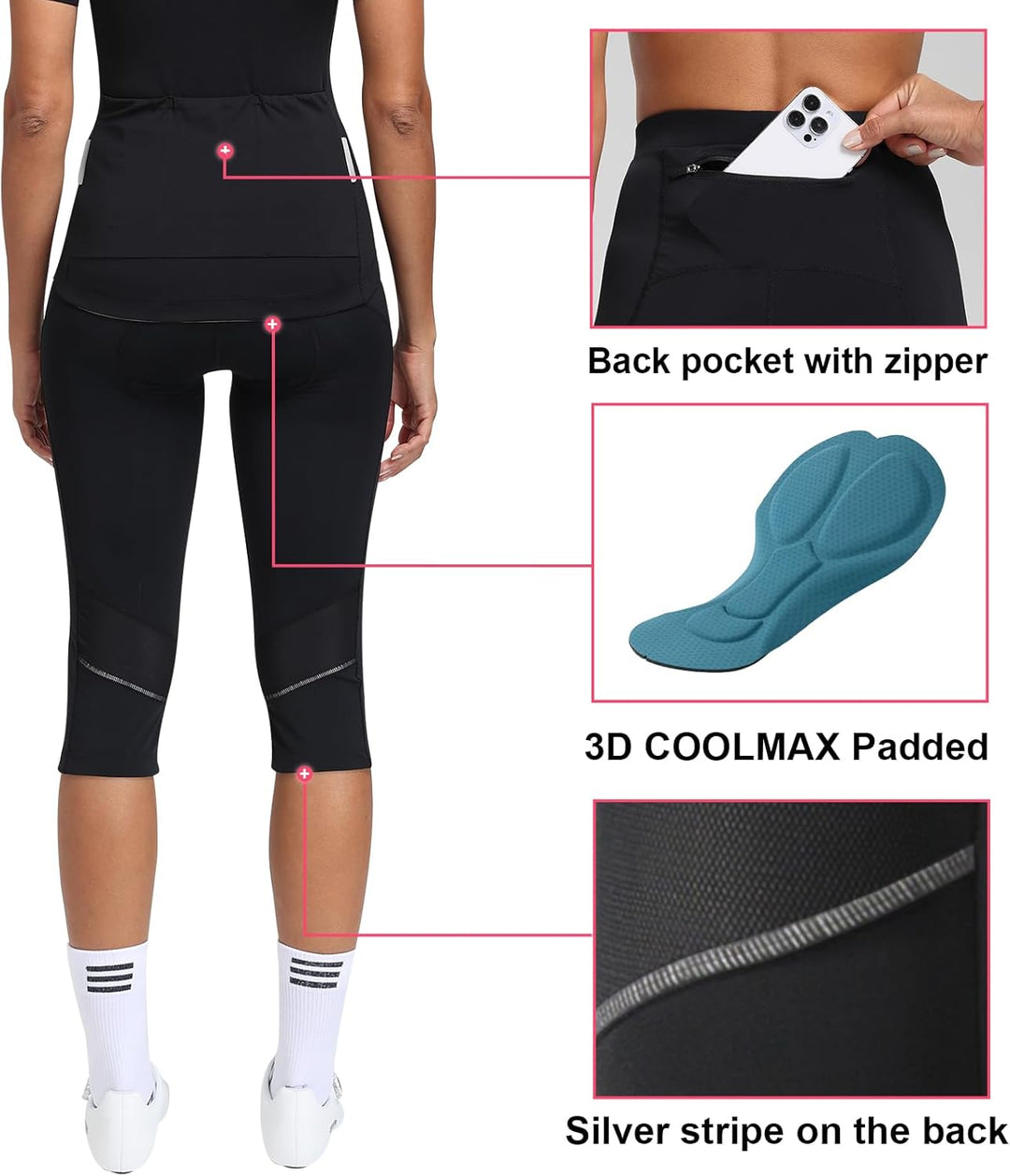 Santic Fahrradhose Damen Gepolstert 3/4 Radsport Hosen Für Damen Bike Shorts mit Taschen UPF50+ Elas
