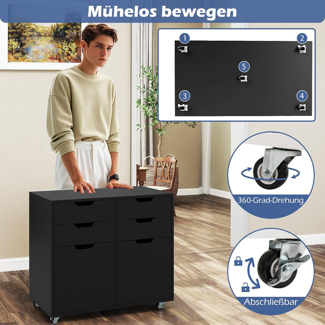 COSTWAY Rollcontainer mit 4 Schubladen und 2 Türen, Aktenschrank mit Rollen, Druckerständer, Bürosch