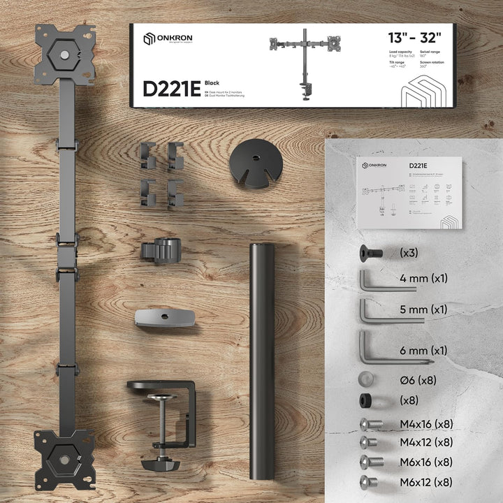 ONKRON Zweiarm Monitor Halterung für 13-32 Zoll Flach&Curved Bildschirm, Tischhalterung Höhenverstel
