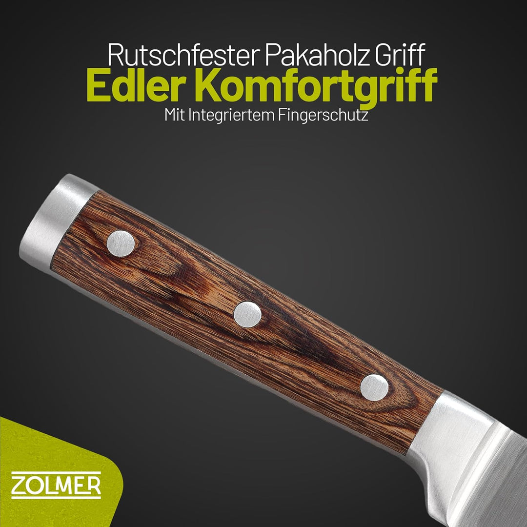 ZOLMER® Messerset X5 – Profi Allzweckmesser, Brotmesser, Kochmesser, Gemüsemesser & Wetzstahl – Scha