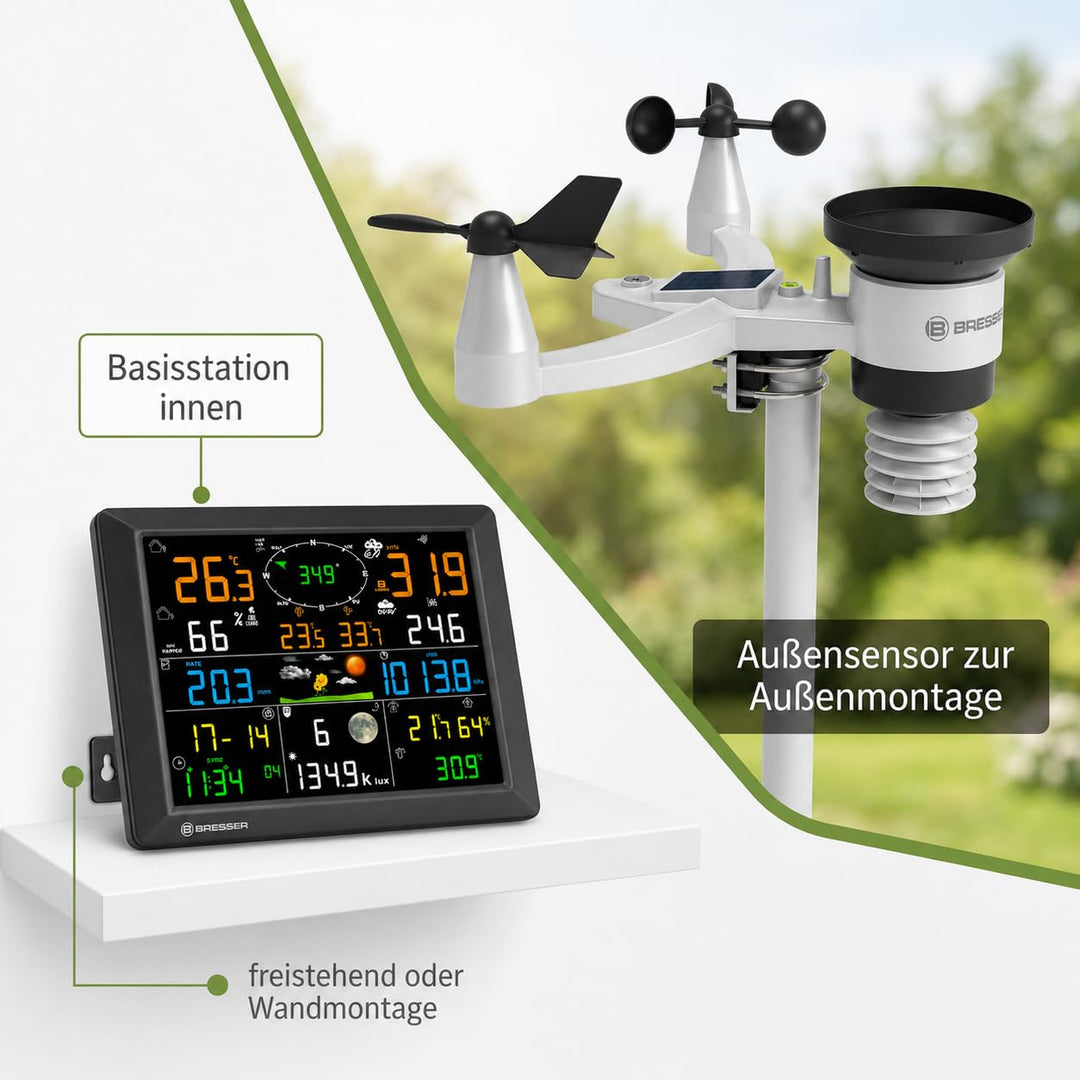 Bresser Wetterstation 1,5km Reichweite, WLAN, 7-in-1 Aussensensor, Solar, UV, Wind, Regen, WLAN Uplo