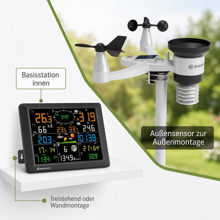Bresser Wetterstation 1,5km Reichweite, WLAN, 7-in-1 Aussensensor, Solar, UV, Wind, Regen, WLAN Uplo
