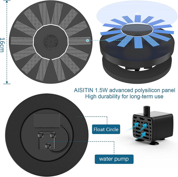 AISITIN 2PCS Solar Springbrunnen für Aussen Upgrade, DIY Solar Teichpumpe Fontäne mit 6 Sprüh Effekt