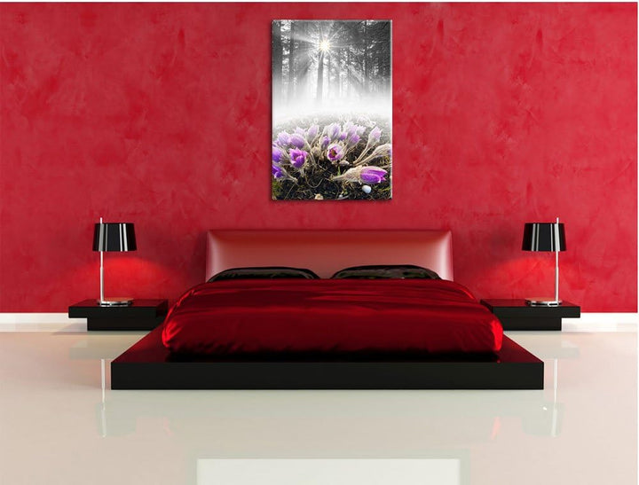 Pixxprint blühende lila Blumen im Wald B&W Detail, Format: 100x70 auf Leinwand, 100x70