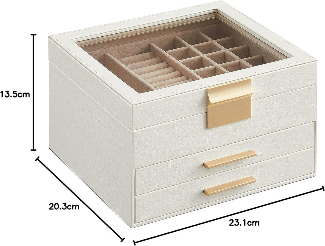 SONGMICS Schmuckkästchen mit Glasdeckel Schmuckkasten mit 3 Ebenen, Schmuckbox mit 2 Schubladen, Sch