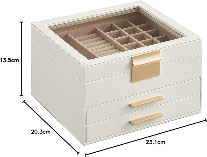 SONGMICS Schmuckkästchen mit Glasdeckel Schmuckkasten mit 3 Ebenen, Schmuckbox mit 2 Schubladen, Sch