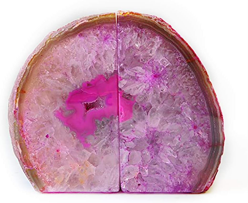 JIC Gem Dekorative Kristall-Buchstützen, poliert, gefärbt, rosa, Geode, brasilianischer Achat, Buchs