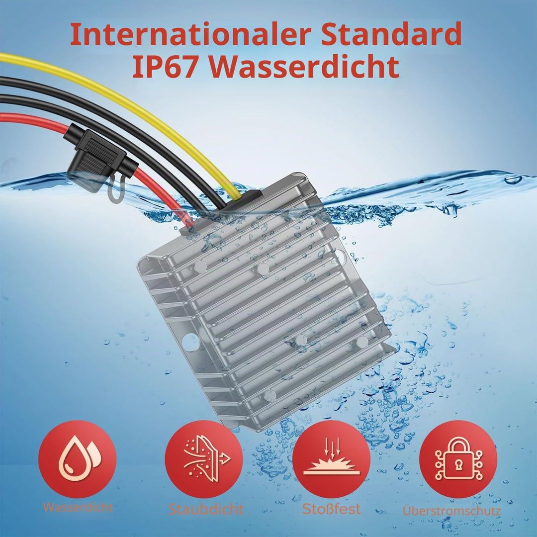 Spannungswandler 24V auf 12V, Step Down 24V 12V 15A 180W mit Sicherung Wasserdicht und Schnellverbin