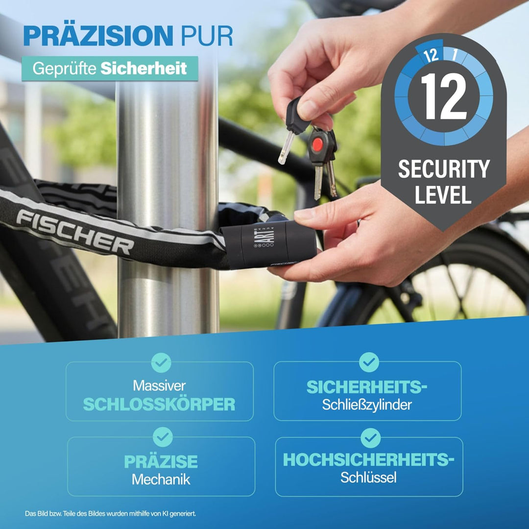 FISCHER Fahrrad Kettenschloss PROTEC PLUS+ CK100, aus Stahl, Sicherheit ART-zertifiziert, mit 3 Schl