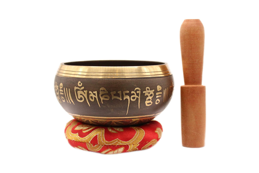 Original tibetische Klangschale mit Sockel und Holzklöppel - handgefertigt in Nepal für Heilung, Bew