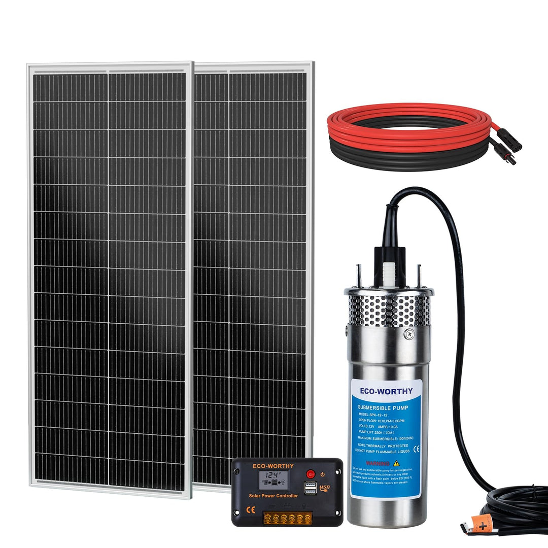 DCHOUSE 200W Solar Tiefbrunnen-Tauchpumpen Kit mit 12V Solarwasserpumpe + 2 STÜCKE 100W Solarpanel 1