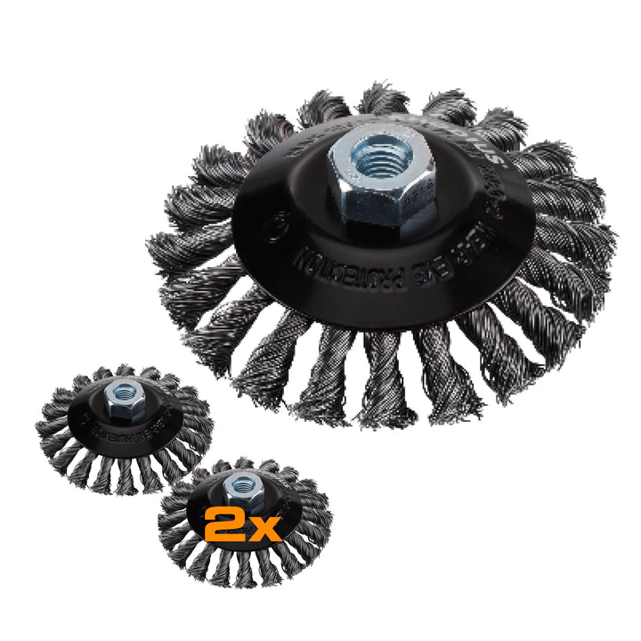 RHODIUS SKBZ, 2x Kegelbürsten Stahl Ø 115 mm, gezopfter Draht 0,5 mm, M14, Drahtbürste Winkelschleif