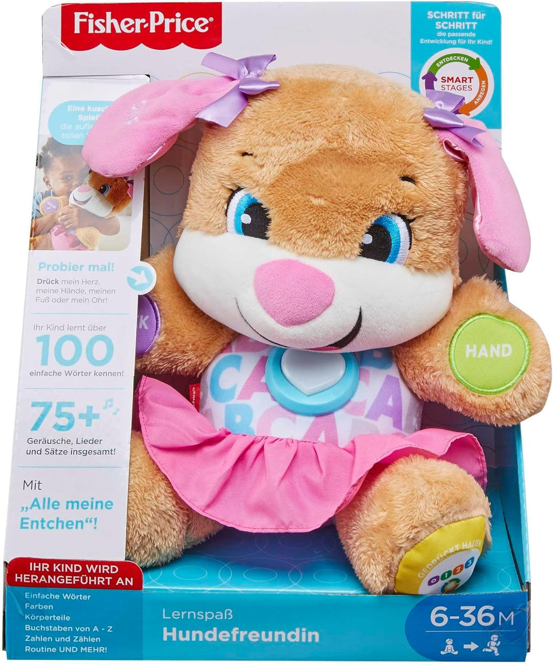 Fisher-Price Lernspass Hundefreundin, sprechendes, singendes Kuscheltier, Baby Spielzeug ab 6 Monate