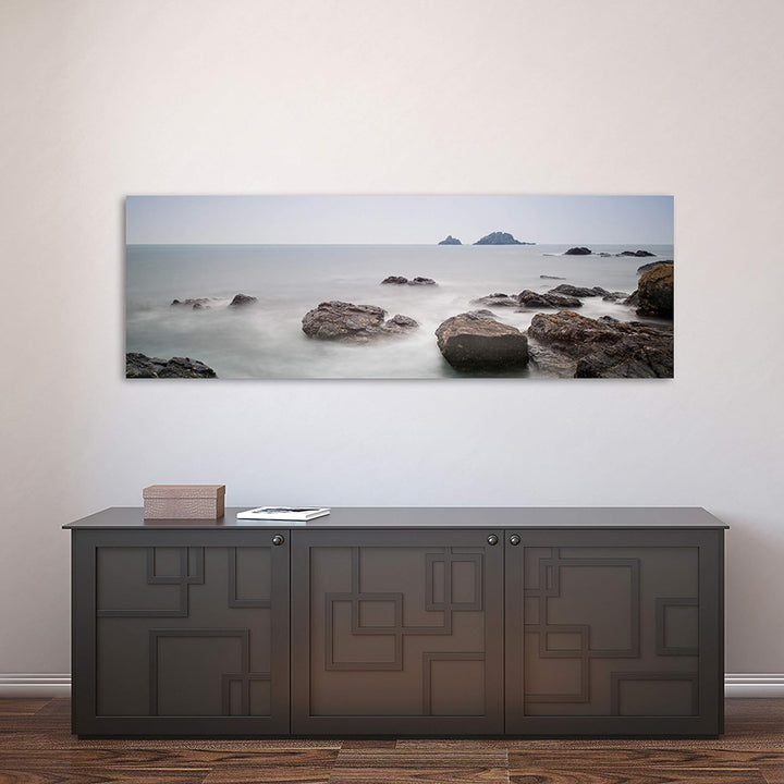 Feeby Frames, Leinwandbild, Bilder, Wand Bild, Wandbilder, Kunstdruck 50x150cm, FELSEN, WASSER, NEBE