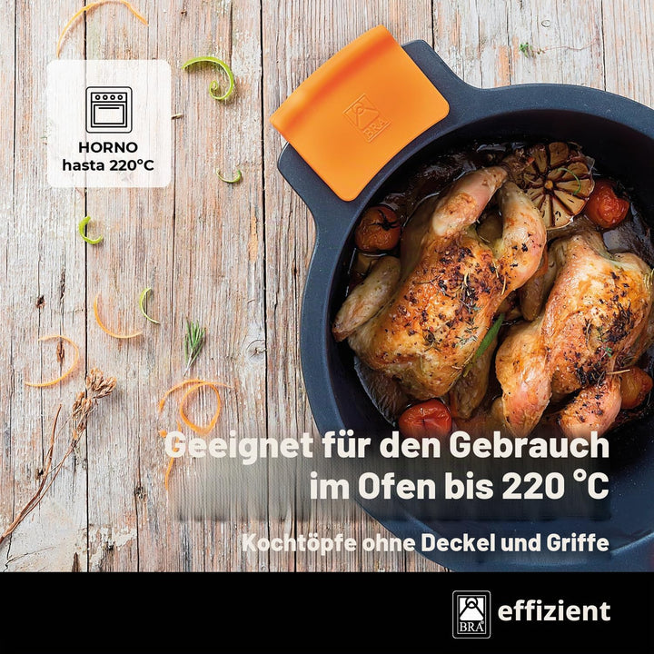 BRA Efficient Hoher Kochtopf mit Glasdeckel und Silikongriffen, Aluminium, schwarz, 20 cm, geeignet