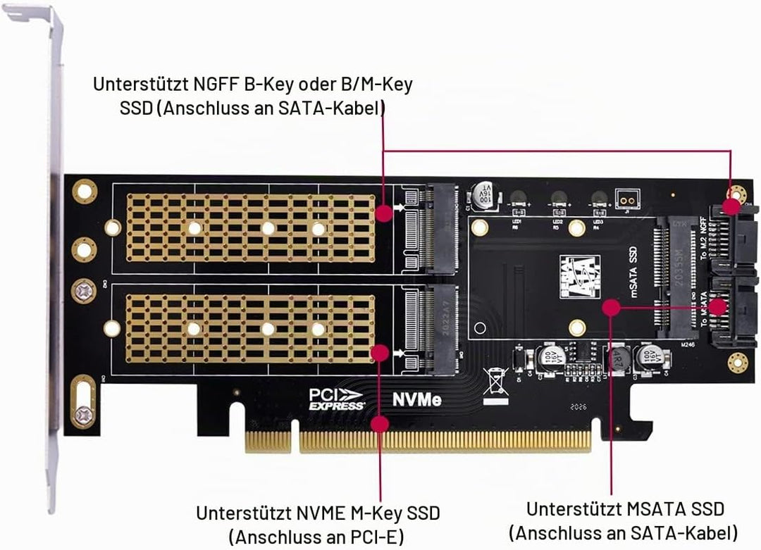 Cablecc PCI Express PCI-E 3.0 & Dual SATA auf NGFF NVME MSATA M-Key B/M-Key SSD Card Adapter 3-in-1
