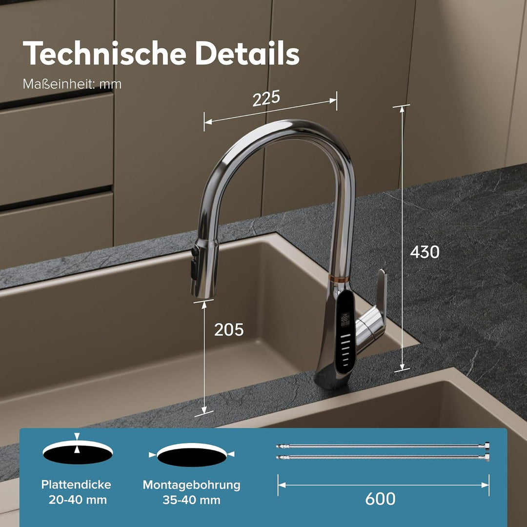 doporro Wasserhahn Küche Silber mit LED Temperaturanzeige, Küchenarmatur Ausziehbar, Hochdruck Misch