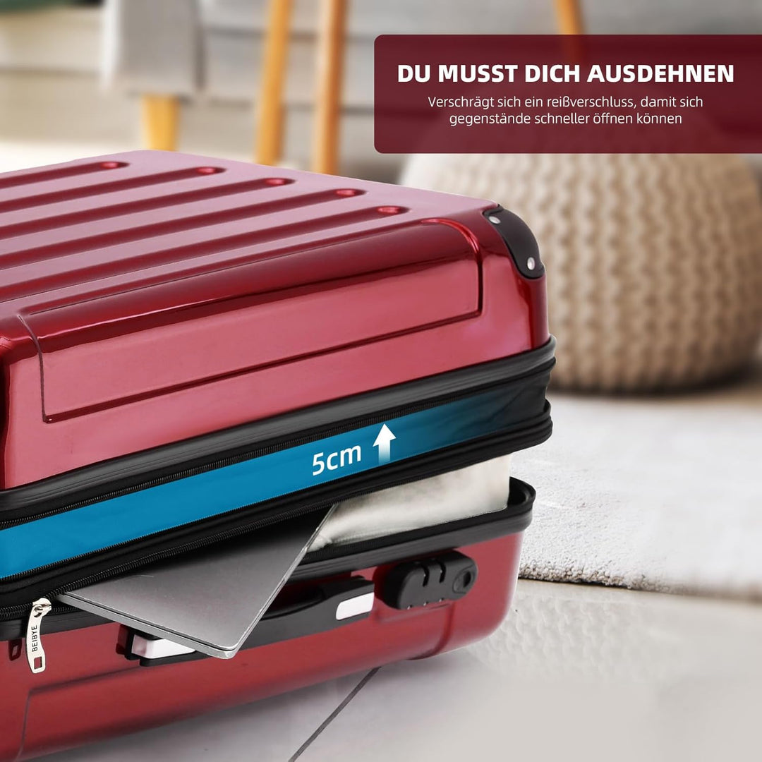 BEIBYE- 3er Kofferset Hartschalen-Koffer Reisekoffer Trolley Rollkoffer Set Reisekofferset (Rot), Ro