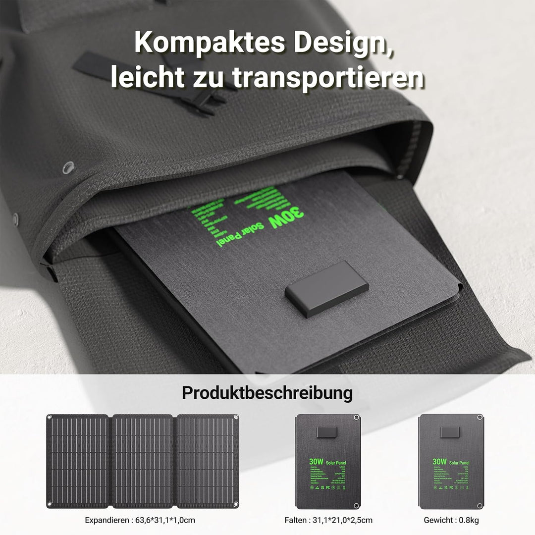 30W Solarpanel Faltbar, Tragbares Outdoor Solar Ladegerät IP67 Wasserdichtes mit 3 Anschlüsse (USB-C