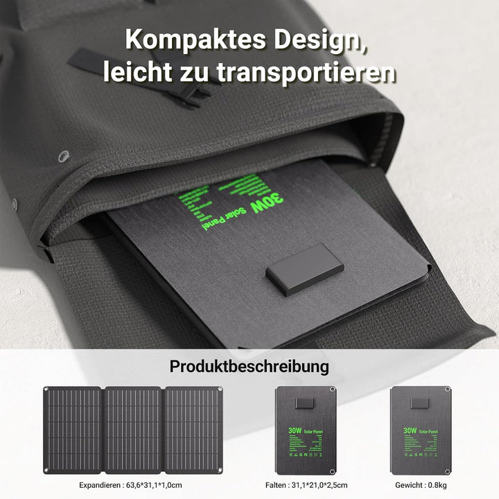 30W Solarpanel Faltbar, Tragbares Outdoor Solar Ladegerät IP67 Wasserdichtes mit 3 Anschlüsse (USB-C