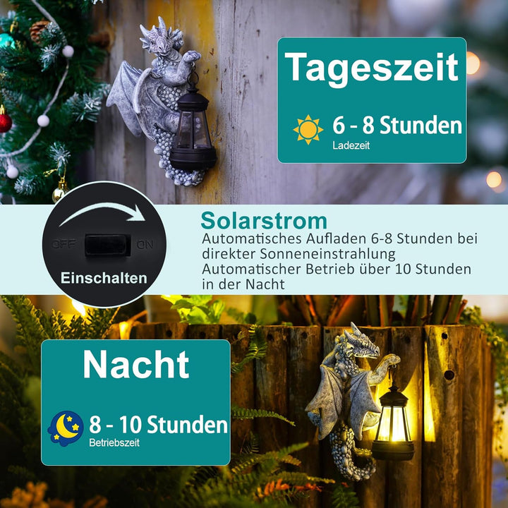 Yeomoo Drachen Figuren mit Solarlampen Baumstamm Gartendeko für Draussen: Lustige Drachen Gartenfigu
