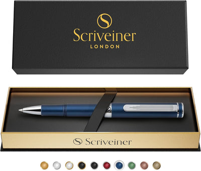 Scriveiner Blau Kugelschreiber EDC Luxus Stift, Taschenkugelschreiber mit Chrom, Cooler Schreibstift