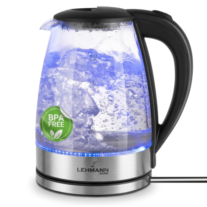 Lehmann LHOEK-2220 Glas Wasserkocher 2 Liter, 2200W, elektrischer Wasserkocher aus Glas mit LED-Hint