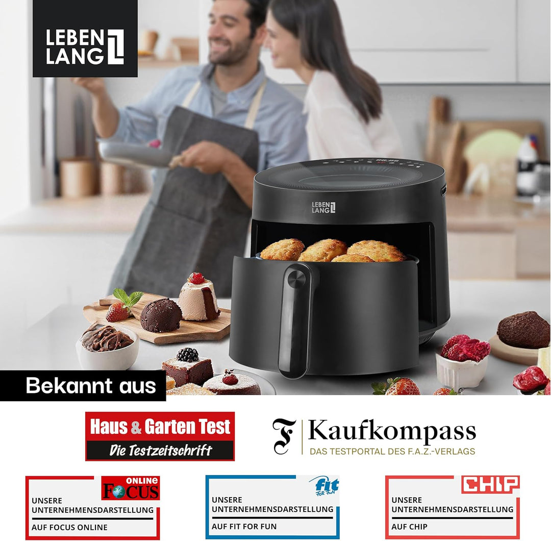 LEBENLANG Heissluftfritteuse 5L & 1500W - Inkl. Rezeptbuch & 8 Programme I Ölfreie & Fettfreie Frite