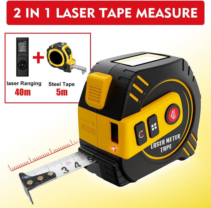 REVASRI Digitales Massband, 40 m Laser Entfernungsmesser & 5m Massband, Echtzeit-Digitalanzeige Einh