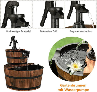 RELAX4LIFE Gartenbrunnen aus Tannenholz, Ø 44,5 cm Holzbrunnen mit Wasserpumpe, Zweistöckiger Spring