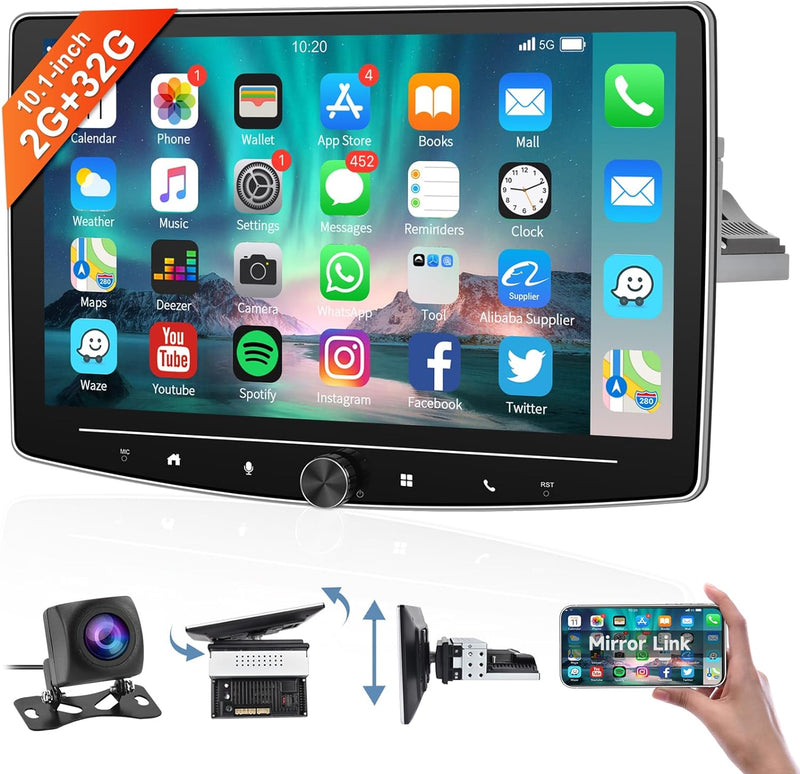 Podofo Android 11 Autoradio 1 din mit 10 Zoll drehbarem Bildschirm 2+32G physische Taste Mirror Link