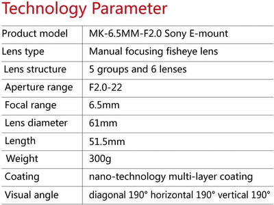 Meike MK 6,5 mm f/2.0 Kreisförmige Objektiv Fisheye für Sony E-Mount Kameras NEX 5 A6000 A6300 A6400