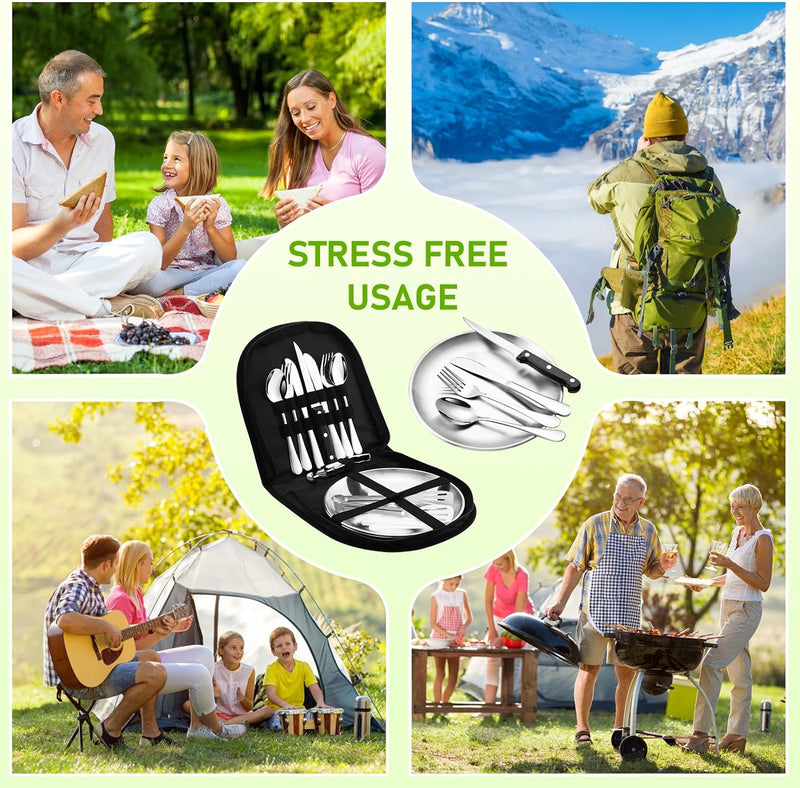 Camping Geschirr Set 2 Personen 14-teilig, Picknick Set, Edelstahl Outdoor Geschirr für Outdoor, Cam