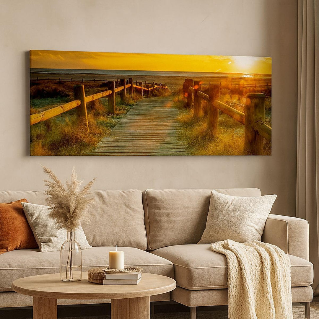 Wandbilder Dekoration Wohnzimmer Fussgängerbrücke Strand Urlaub Sonne Bilder auf Leinwand 120x50cm L