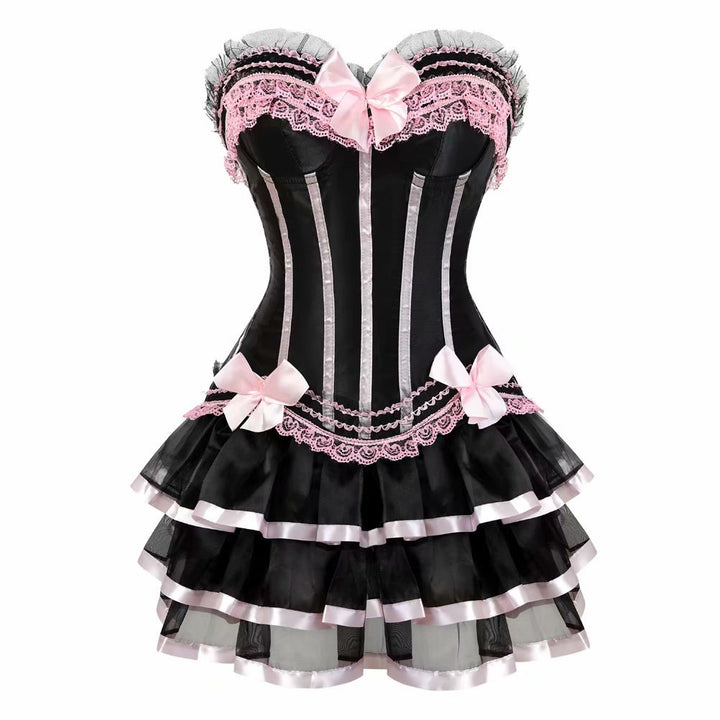 Corsagenkleid Corsage Bustier sexy Streifen Spitze Kleider Korsett Gothic Rock Damen Dress Burlesque