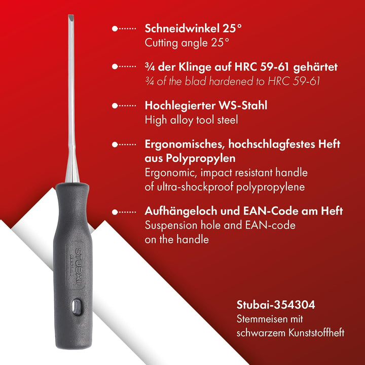 STUBAI Stechbeitel mit schwarzem Plastikgriff &amp; extra langer Klinge, Ø 4 mm, Stemmeisen zur präzisen