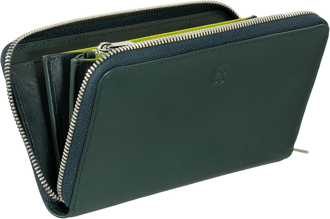 DUDU Grosse Bunte Damenbrieftasche RFID in echtem Leder mit Rundum - Reissverschluss Mangrove, Mangr