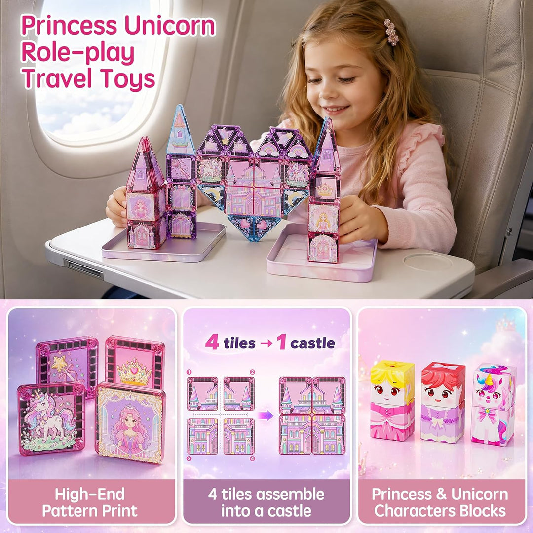 burgkidz Magnetische Bausteine Reisespielzeug für Mädchen: 42 Teile Prinzessin Einhorn Magnetische T