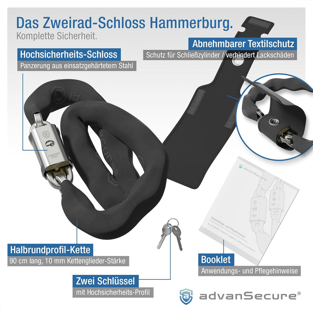 advanSecure® Hochsicherheits-Kettenschloss | optimal für E-Bike und Motorrad | max. Sicherheitsstufe