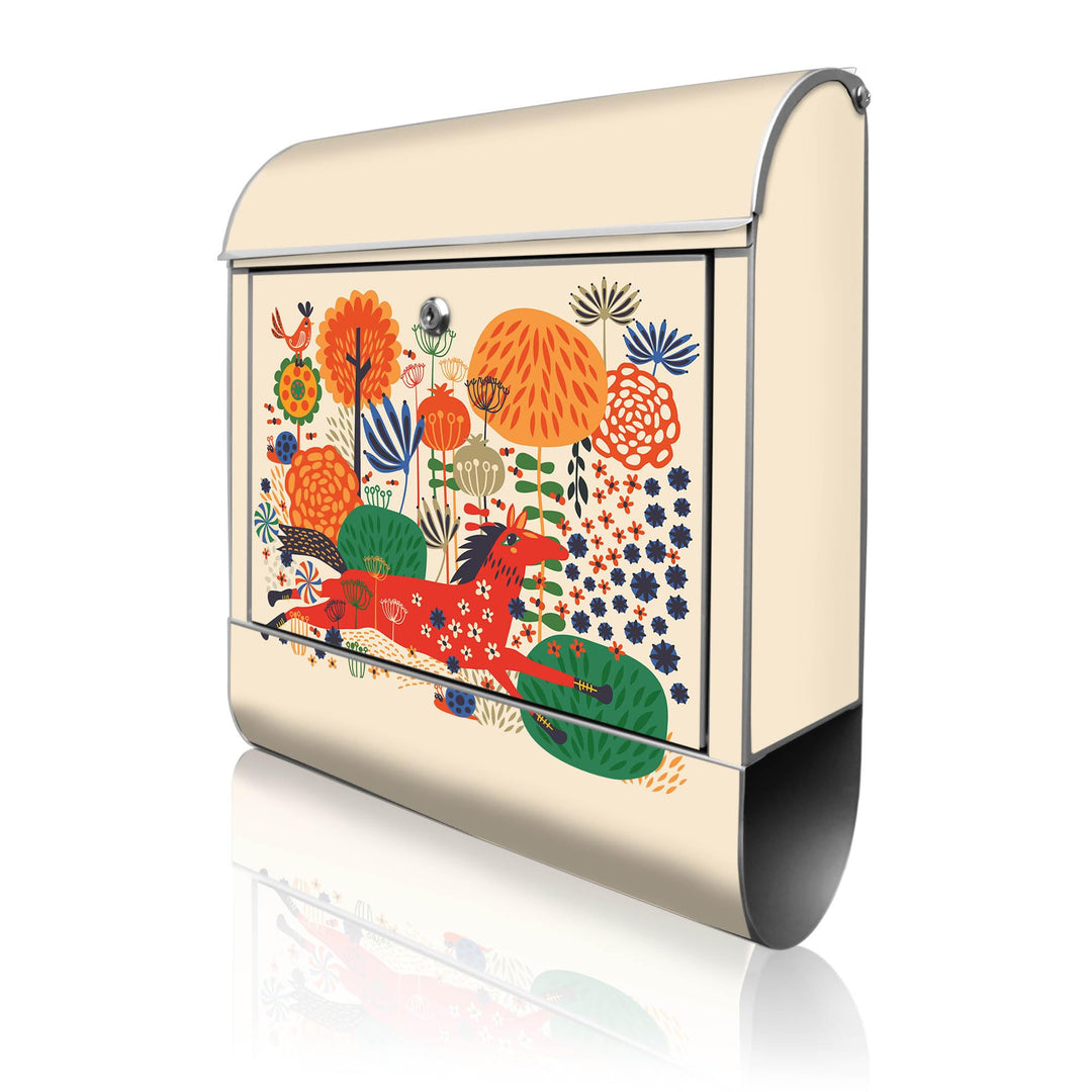 banjado® Design Briefkasten mit Motiv Rotes Pferd 39x47x14cm &amp; 2 Schlüssel - Briefkasten Stahl Silbe