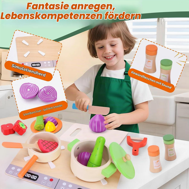 Kinderküche Zubehör Holz, Spielküche Zubehör, Holzspielzeug Inklusive Topfset Küchenspielzeug und Ob