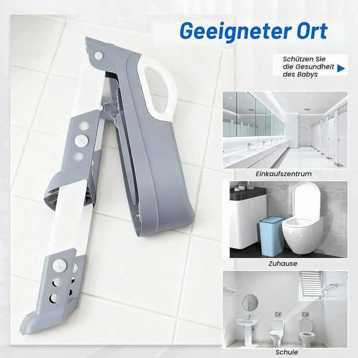 Kinder Toilettensitz mit Leiter – Faltbar, 6-fach höhenverstellbar, PU-Sitz in Grau, rutschfest – Ki