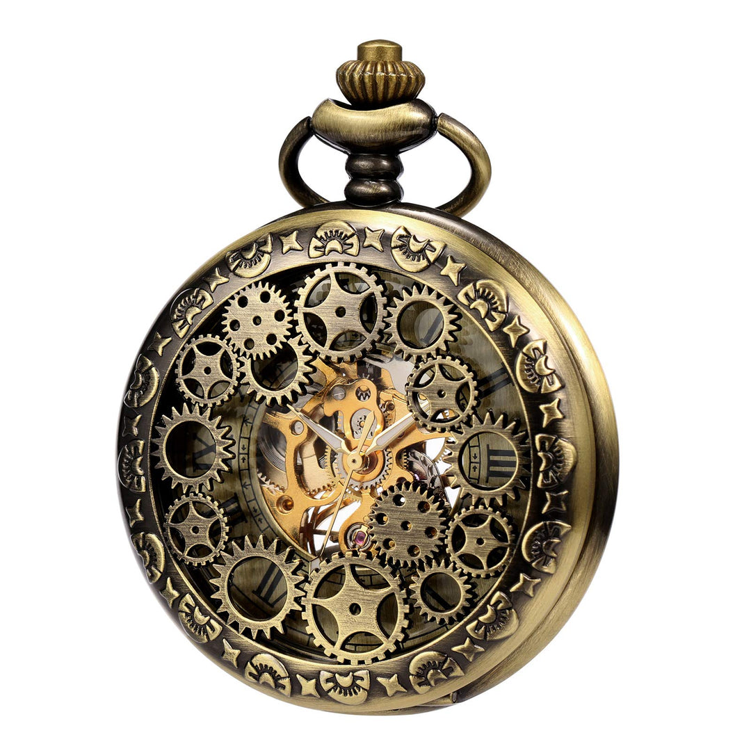 TREEWETO Mechanische Skelett-Taschenuhr für Herren und Damen, Bronze-Ausrüstung, hohles Gehäuse, Ste