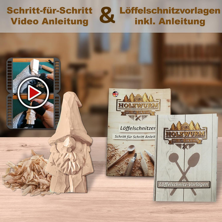 Holzwurm Holz Schnitzmesser-Set inkl. Tasche, Anleitung und Vorlagen, ideales Schnitzwerkzeug-Set zu