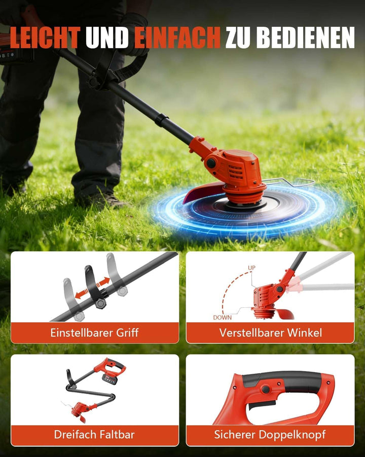 Rasentrimmer mit Akku, 850W Klappbarer Akku Freischneider mit 2X4.0AH Batterien, Akku Rasentrimmer &