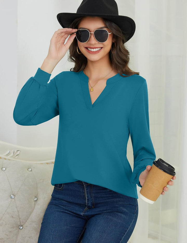 Beluring Langarmshirt Damen Elegant V Ausschnitt Tunika Bluse Einfarbig T-Shirt S Seeblau, S Seeblau