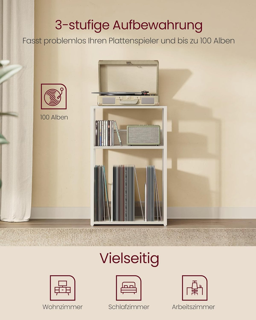 VASAGLE Plattenspieler-Ständer, 3 Etagen, Beistelltisch, Aufbewahrung von Schallplatten, bis zu 100
